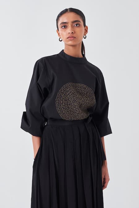 Three Black Poplin, Crepe Embroidery High Neck Circle Top And Box Pleated Skirt Pant at Aza Fashions Three_Black Poplin, Crepe Embroidery High Neck Circle Top And Box Pleated Skirt Pant _at_Aza_Fashions