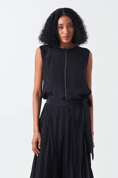 Three Black Crepe Round Neck Stitchline Embroidered Top And Skirt Pant Online at Aza Fashions Three_Black Crepe Round Neck Stitchline Embroidered Top And Skirt Pant _Online_at_Aza_Fashions