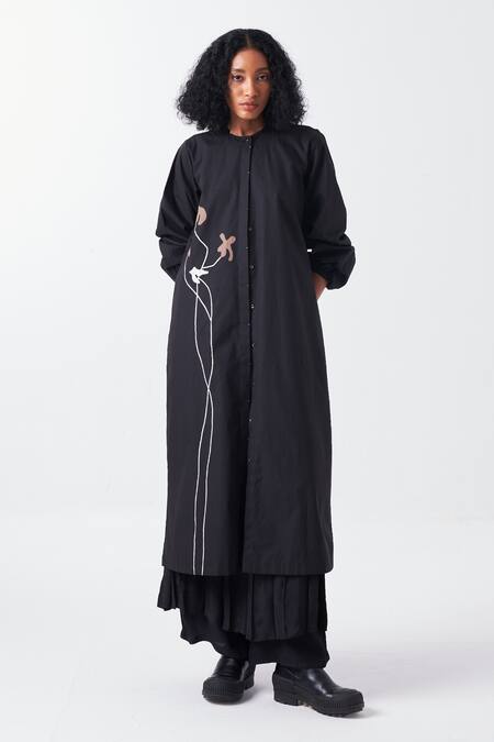 Three_Black Crepe, Poplin Embroidery Round Poppy Applique Long Jacket And Skirt Pant Set _Online_at_Aza_Fashions