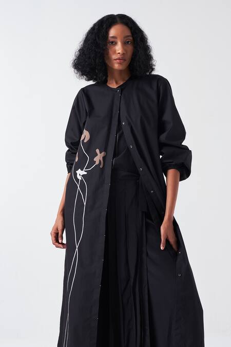 Shop_Three_Black Crepe, Poplin Embroidery Round Poppy Applique Long Jacket And Skirt Pant Set _Online_at_Aza_Fashions