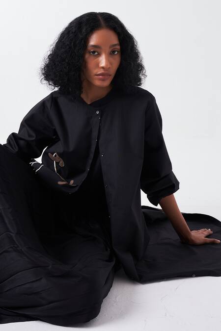 Three_Black Crepe, Poplin Embroidery Round Poppy Applique Long Jacket And Skirt Pant Set _at_Aza_Fashions