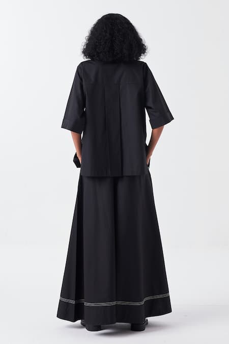 Shop Three Black Poplin Embroidery Collared Floral Shirt And Palazzo Set at Aza Fashions Shop_Three_Black Poplin Embroidery Collared Floral Shirt And Palazzo Set _at_Aza_Fashions