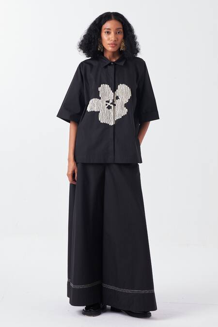 Three Black Poplin Embroidery Collared Floral Shirt And Palazzo Set Online at Aza Fashions Three_Black Poplin Embroidery Collared Floral Shirt And Palazzo Set _Online_at_Aza_Fashions