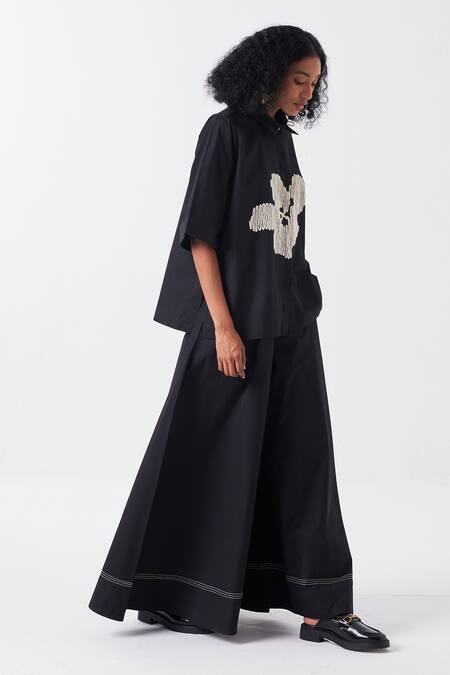 Buy Three Black Poplin Embroidery Collared Floral Shirt And Palazzo Set Online at Aza Fashions Buy_Three_Black Poplin Embroidery Collared Floral Shirt And Palazzo Set _Online_at_Aza_Fashions