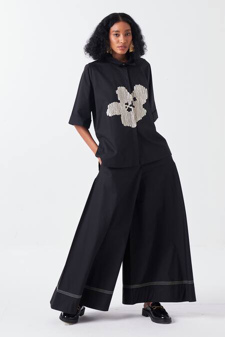 Shop Three Black Poplin Embroidery Collared Floral Shirt And Palazzo Set Online at Aza Fashions Shop_Three_Black Poplin Embroidery Collared Floral Shirt And Palazzo Set _Online_at_Aza_Fashions