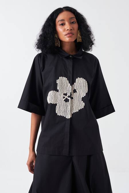 Three Black Poplin Embroidery Collared Floral Shirt And Palazzo Set at Aza Fashions Three_Black Poplin Embroidery Collared Floral Shirt And Palazzo Set _at_Aza_Fashions