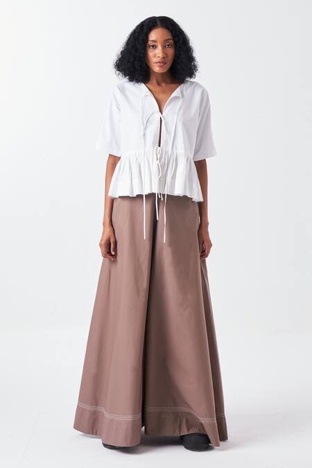THREE_White Poplin V-neck Frilly Hem Tie Up Top _Online_at_Aza_Fashions