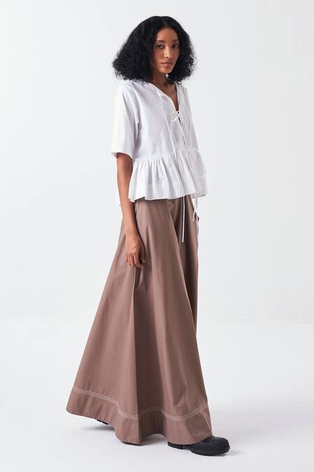 Buy_THREE_White Poplin V-neck Frilly Hem Tie Up Top _Online_at_Aza_Fashions