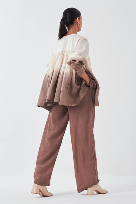 Shop_Three_Ivory Chanderi Round Neck Ombre Dip Dye Top _at_Aza_Fashions