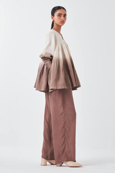 Three_Ivory Chanderi Round Neck Ombre Dip Dye Top _Online_at_Aza_Fashions