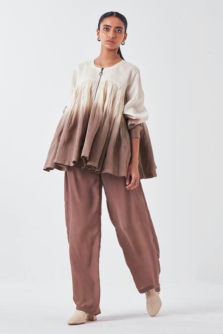 Buy_Three_Ivory Chanderi Round Neck Ombre Dip Dye Top _Online_at_Aza_Fashions