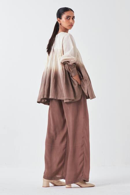 Shop_Three_Ivory Chanderi Round Neck Ombre Dip Dye Top _Online_at_Aza_Fashions