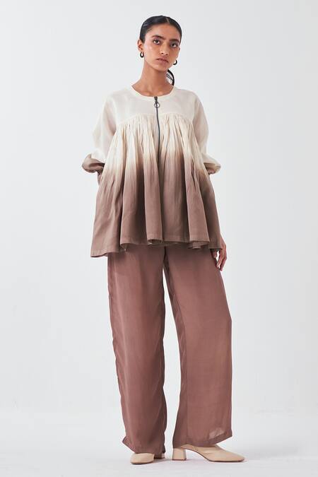 Three_Ivory Chanderi Round Neck Ombre Dip Dye Top _at_Aza_Fashions