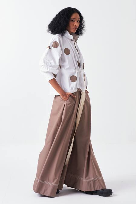 Three White Poplin Applique High Neck Polka Half Zipper Placket Top Online at Aza Fashions Three_White Poplin Applique High Neck Polka Half Zipper Placket Top _Online_at_Aza_Fashions