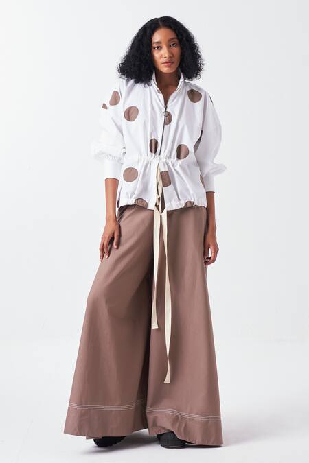 Three White Poplin Applique High Neck Polka Half Zipper Placket Top at Aza Fashions Three_White Poplin Applique High Neck Polka Half Zipper Placket Top _at_Aza_Fashions