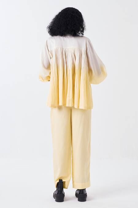 Shop_Three_Ivory Chanderi Round Neck Dip Dye Ombre Gathered Flare Top _at_Aza_Fashions