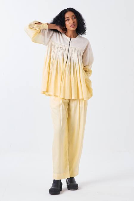 Three_Ivory Chanderi Round Neck Dip Dye Ombre Gathered Flare Top _Online_at_Aza_Fashions
