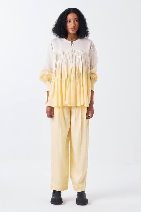 Buy_Three_Ivory Chanderi Round Neck Dip Dye Ombre Gathered Flare Top _Online_at_Aza_Fashions