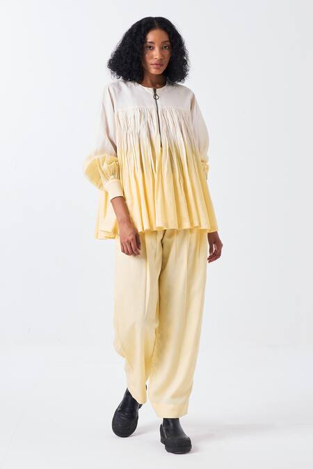 Shop_Three_Ivory Chanderi Round Neck Dip Dye Ombre Gathered Flare Top _Online_at_Aza_Fashions