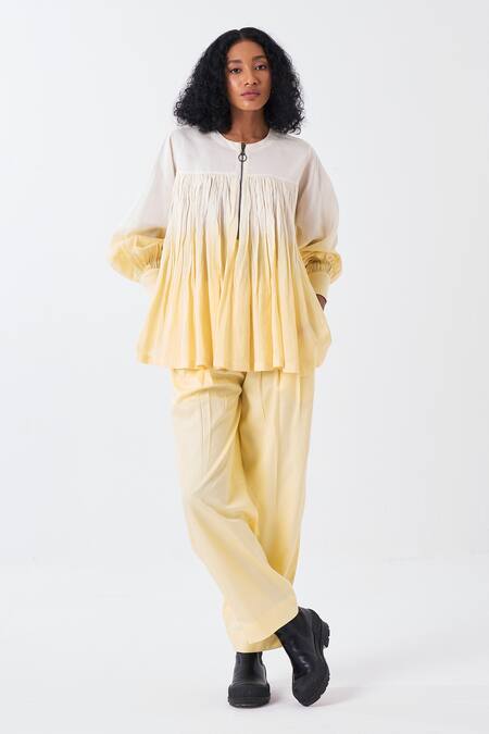 Three_Ivory Chanderi Round Neck Dip Dye Ombre Gathered Flare Top _at_Aza_Fashions