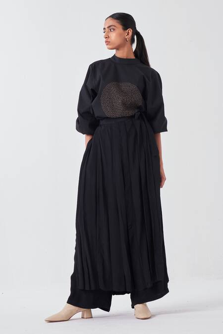 Buy_Three_Black Poplin Embroidery High Neck Circle Top _Online_at_Aza_Fashions