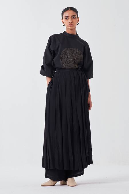 Shop_Three_Black Poplin Embroidery High Neck Circle Top _Online_at_Aza_Fashions