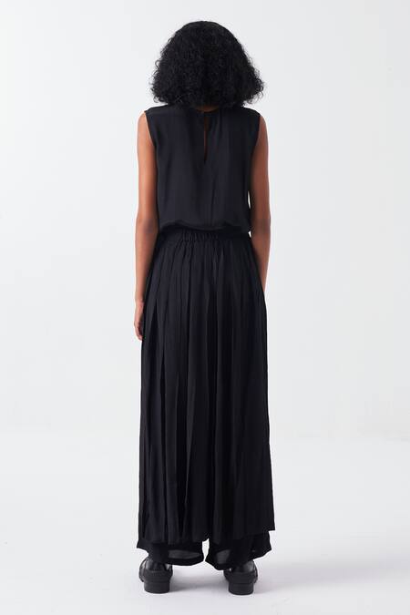 Shop_THREE_Black Crepe Embroidery Round Neck Stitchline Top _at_Aza_Fashions