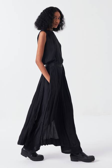 THREE_Black Crepe Embroidery Round Neck Stitchline Top _at_Aza_Fashions
