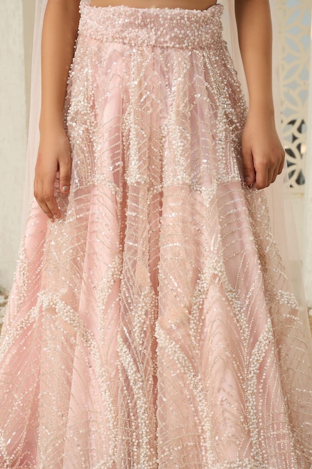 Fayon Kids_Peach Net Cut Work, Pearls, Sequins Cutdana Embroidered Lehenga Set _Online_at_Aza_Fashions