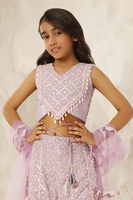 Fayon Kids_Purple Net, Georgette, Cotton Mirror And Thread Embroidered Blouse & Palazzo Set _Online_at_Aza_Fashions