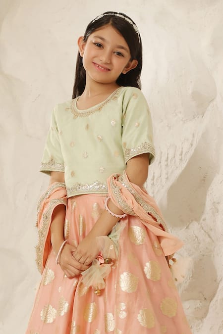 Fayon Kids_Green Chanderi, Georgette, Cotton Embroidery Bloom Woven Lehenga Set _Online_at_Aza_Fashions