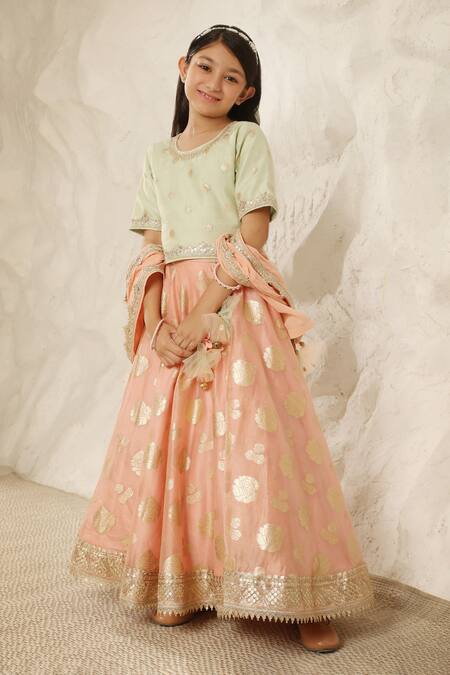 Buy_Fayon Kids_Green Chanderi, Georgette, Cotton Embroidery Bloom Woven Lehenga Set _Online_at_Aza_Fashions