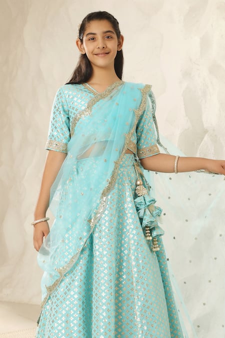 Fayon Kids_Blue Net, Chanderi, Cotton Lace Bahar Woven Lehenga Set _Online_at_Aza_Fashions