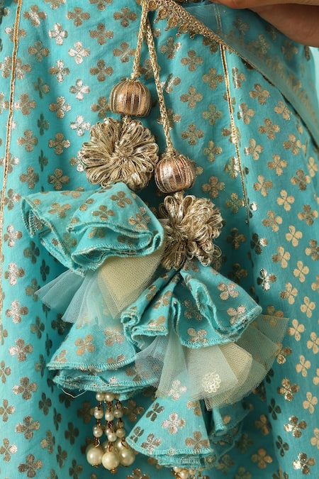 Buy_Fayon Kids_Blue Net, Chanderi, Cotton Lace Bahar Woven Lehenga Set _Online_at_Aza_Fashions