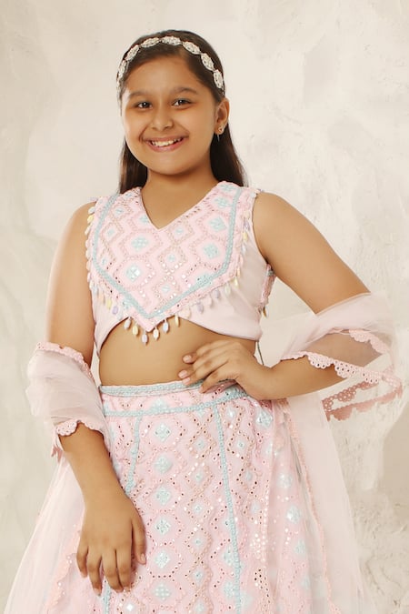 Fayon Kids_Pink Georgette, Net, Cotton Mirrors, Embroidery Lehenga Set _Online_at_Aza_Fashions