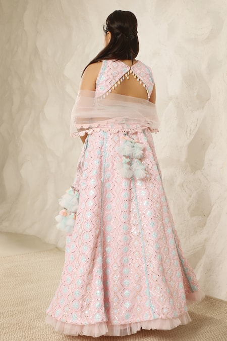 Fayon Kids Pink Mirror Embroidered Lehenga Set 