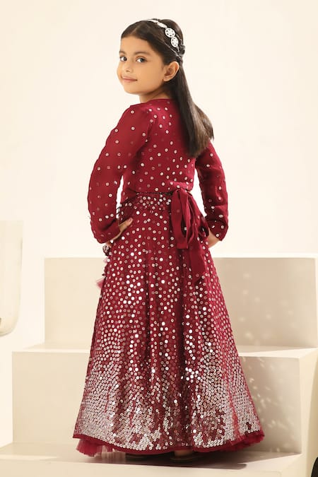 Shop_Fayon Kids_Maroon Georgette Sequins Embroidered Lehenga And Blouse _at_Aza_Fashions