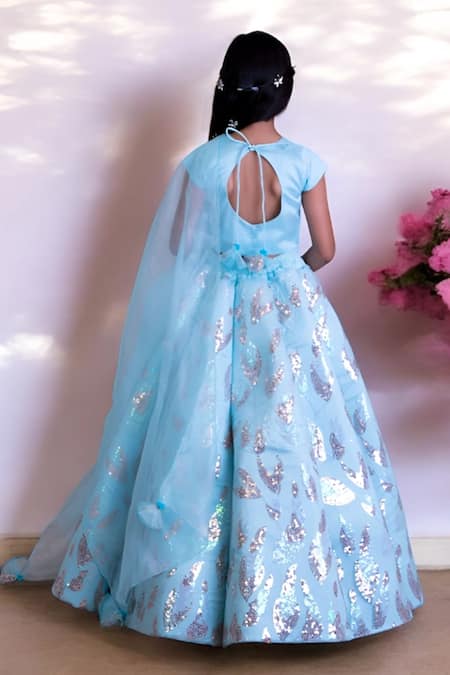 Shop Fayon Kids Blue Organza, Net Sequins Embroidered Lehenga Set at Aza Fashions Shop_Fayon Kids_Blue Organza, Net Sequins Embroidered Lehenga Set _at_Aza_Fashions