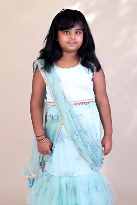 Fayon Kids_Blue Silk, Net Embroidery Ruffle Tiered Lehenga Saree Set _Online_at_Aza_Fashions