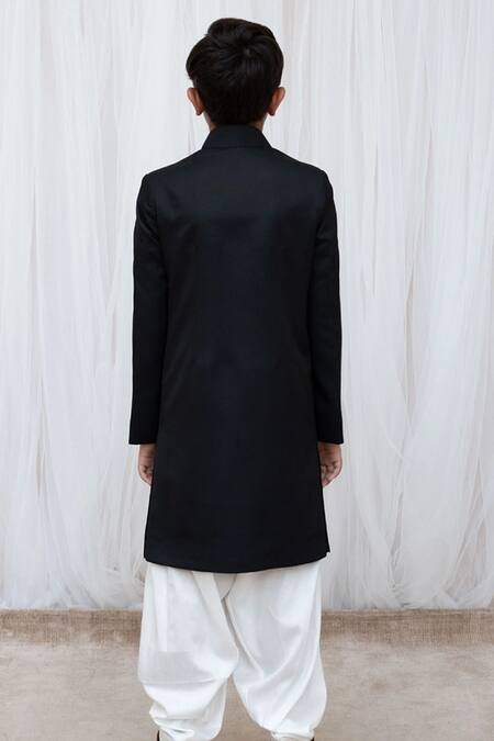 Shop_Fayon Kids_White Cotton Black Solid Sherwani With Salwar _at_Aza_Fashions