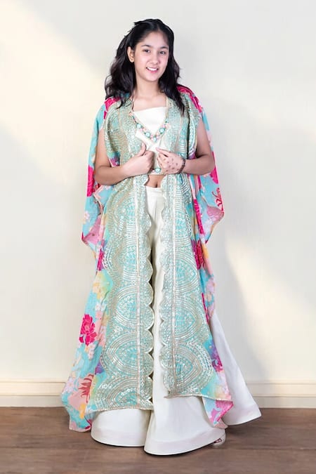 Fayon Kids_Multi Color Georgette, Cotton Lace, Floral Print Cape And Flared Pant Set _Online_at_Aza_Fashions