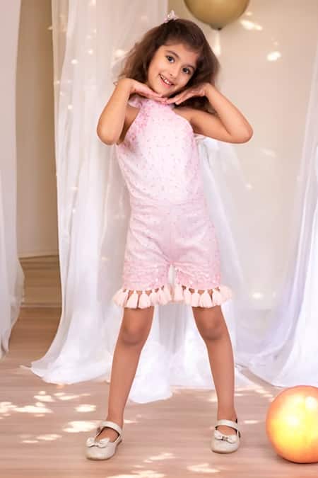 Fayon Kids Pink Net Sequins, Tassels Halter Neck Jumpsuit Online at Aza Fashions Fayon Kids_Pink Net Sequins, Tassels Halter Neck Jumpsuit _Online_at_Aza_Fashions