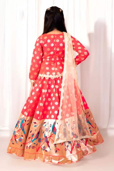 Shop Fayon Kids Pink Brocade, Net Mughal Bagh Woven Lehenga Set at Aza Fashions Shop_Fayon Kids_Pink Brocade, Net Mughal Bagh Woven Lehenga Set _at_Aza_Fashions