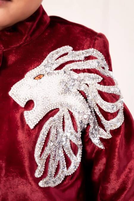 Fayon Kids White Velvet, Cotton Embroidery, Sequins Mighty Lion Sherwani And Pant Set Online at Aza Fashions Fayon Kids_White Velvet, Cotton Embroidery, Sequins Mighty Lion Sherwani And Pant Set _Online_at_Aza_Fashions