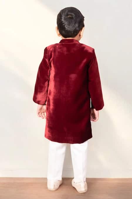 Shop Fayon Kids White Velvet, Cotton Embroidery, Sequins Mighty Lion Sherwani And Pant Set at Aza Fashions Shop_Fayon Kids_White Velvet, Cotton Embroidery, Sequins Mighty Lion Sherwani And Pant Set _at_Aza_Fashions