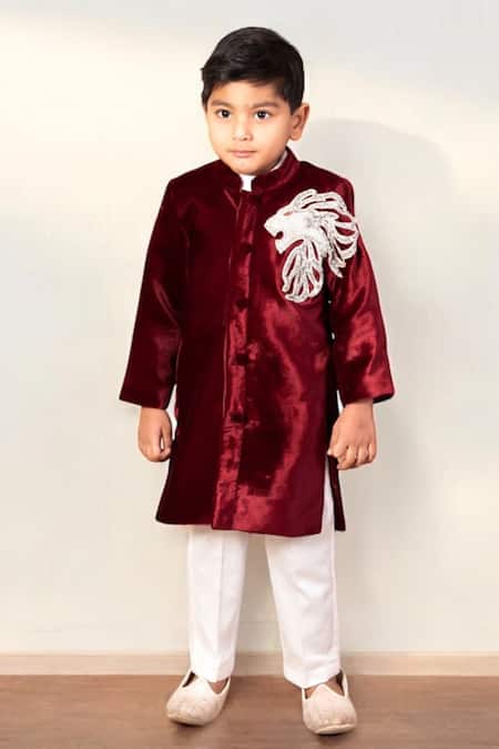 Buy Fayon Kids White Velvet, Cotton Embroidery, Sequins Mighty Lion Sherwani And Pant Set Online at Aza Fashions Buy_Fayon Kids_White Velvet, Cotton Embroidery, Sequins Mighty Lion Sherwani And Pant Set _Online_at_Aza_Fashions