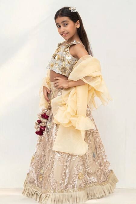 Shop Fayon Kids Gold Organza, Net, Silk Sequins 3d Blossom Lehenga Set Online at Aza Fashions Shop_Fayon Kids_Gold Organza, Net, Silk Sequins 3d Blossom Lehenga Set _Online_at_Aza_Fashions