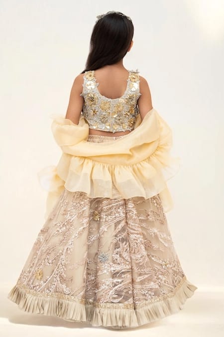 Fayon Kids 3D Sequin Blossom Gold Lehenga Set 