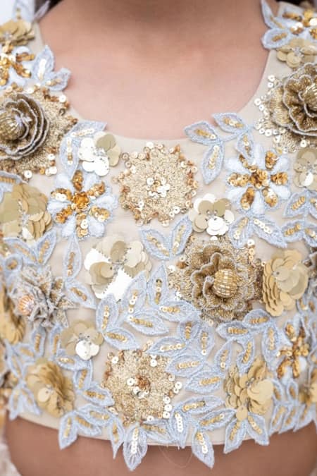 Fayon Kids Gold Organza, Net, Silk Sequins 3d Blossom Lehenga Set at Aza Fashions Fayon Kids_Gold Organza, Net, Silk Sequins 3d Blossom Lehenga Set _at_Aza_Fashions