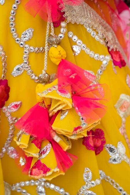 Fayon Kids_Yellow Net, Georgette Sequins, Tassels Gota Blossom Embroidered Anarkali Set _Online_at_Aza_Fashions
